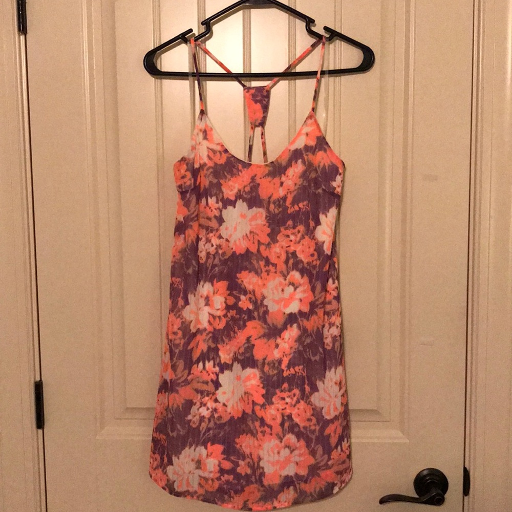 Purple & neon orange floral spaghetti strap dress